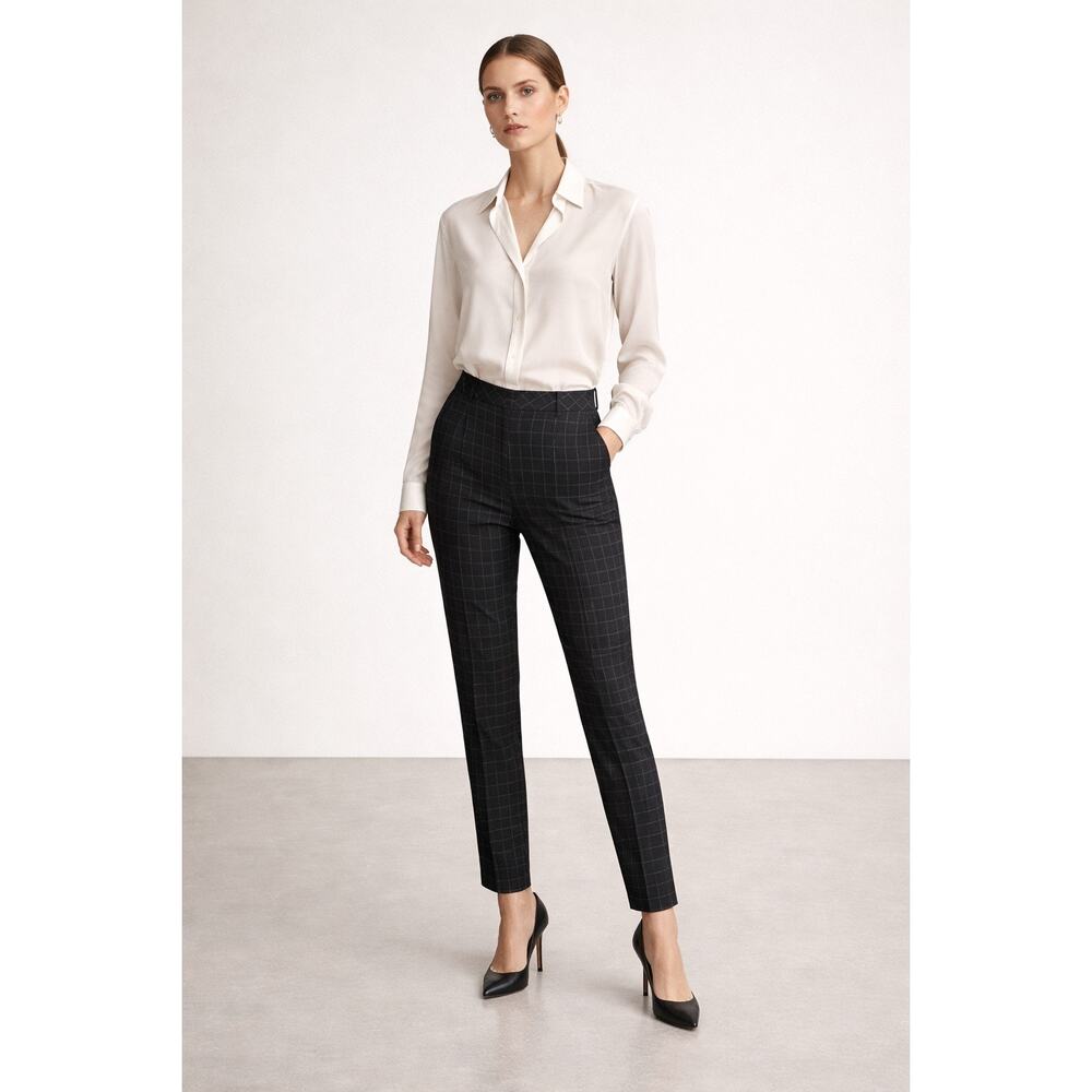 Akris 100% Wool Windowpane Slim Ankle Pants Black White Grid Zip Pockets US 12